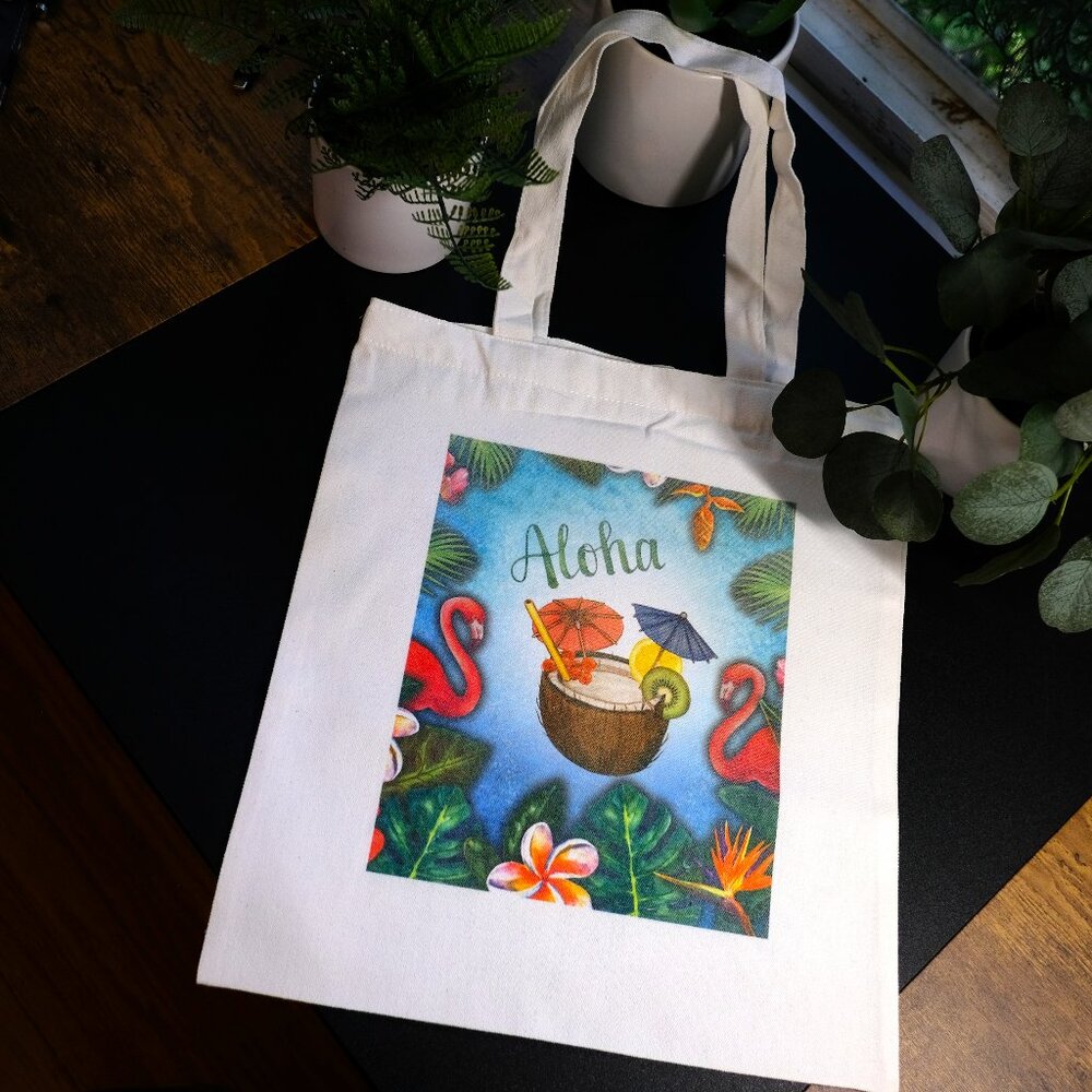 Handmade Aloha Tropical Canvas Tote Bag, grocery, reusable, vacation, books